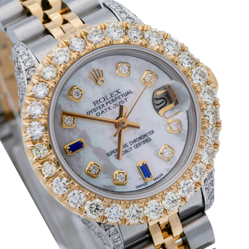 Pre-Owned Rolex Datejust 26MM 6917 White Mother of Pearl Diamond Dial Diamond Bezel Two Tone Yellow Gold Jubilee Bracelet 2.75ct