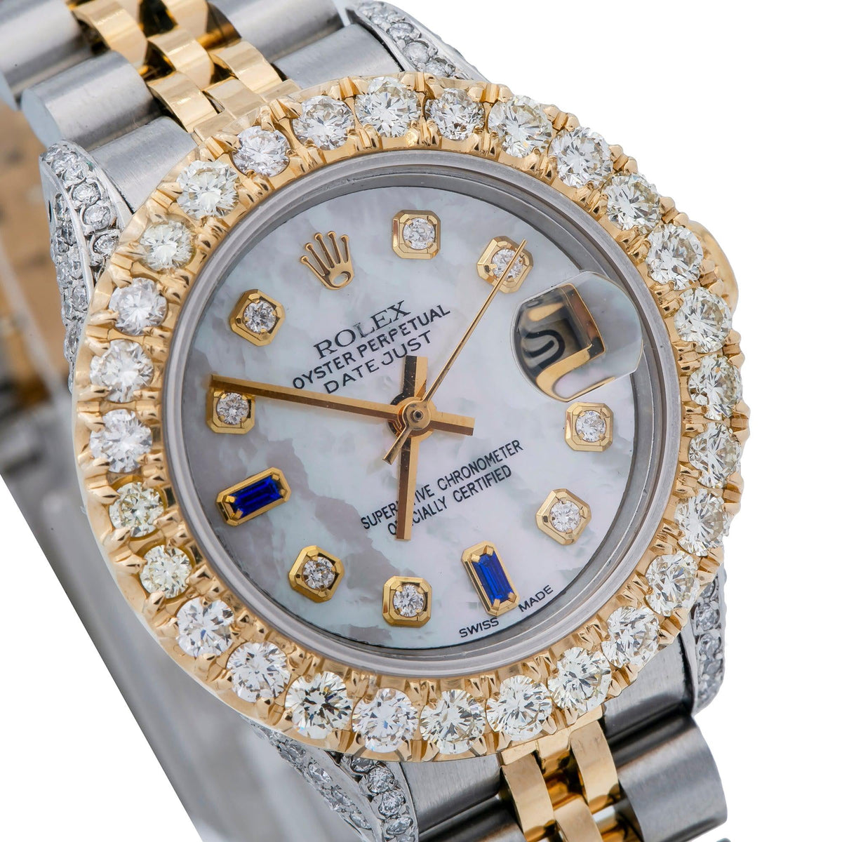 Pre-Owned Rolex Datejust 26MM 6917 White Mother of Pearl Diamond Dial Diamond Bezel Two Tone Yellow Gold Jubilee Bracelet 2.75ct