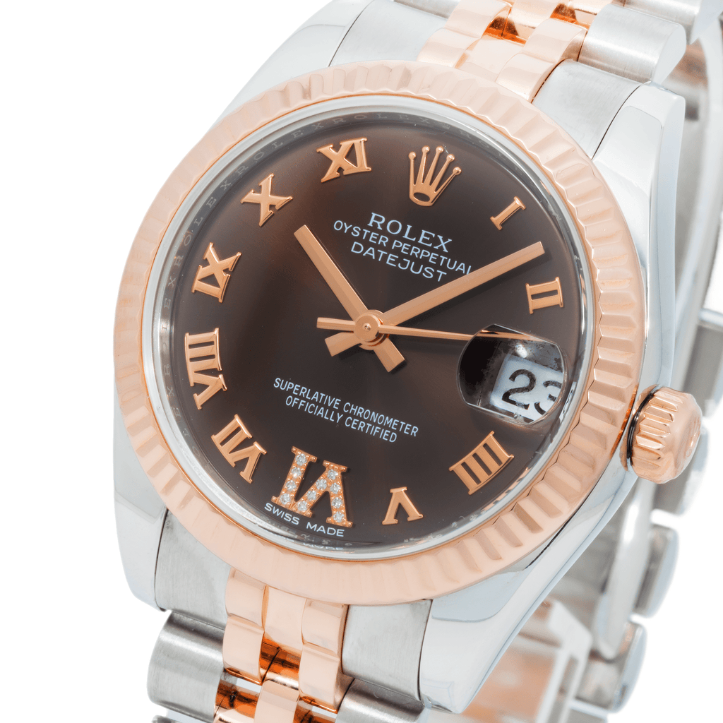 Pre-Owned Rolex Datejust 31MM 178271 Chocolate Roman Diamond Dial Fluted Bezel Two Tone Rose Gold Jubilee Bracelet