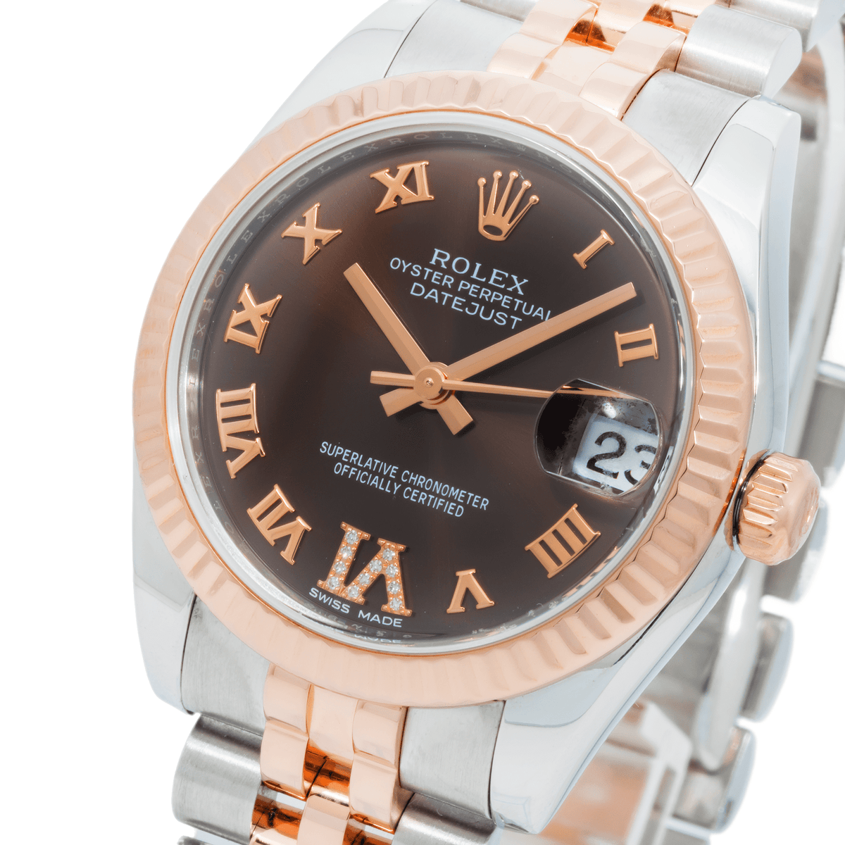 Pre-Owned Rolex Datejust 31MM 178271 Chocolate Roman Diamond Dial Fluted Bezel Two Tone Rose Gold Jubilee Bracelet