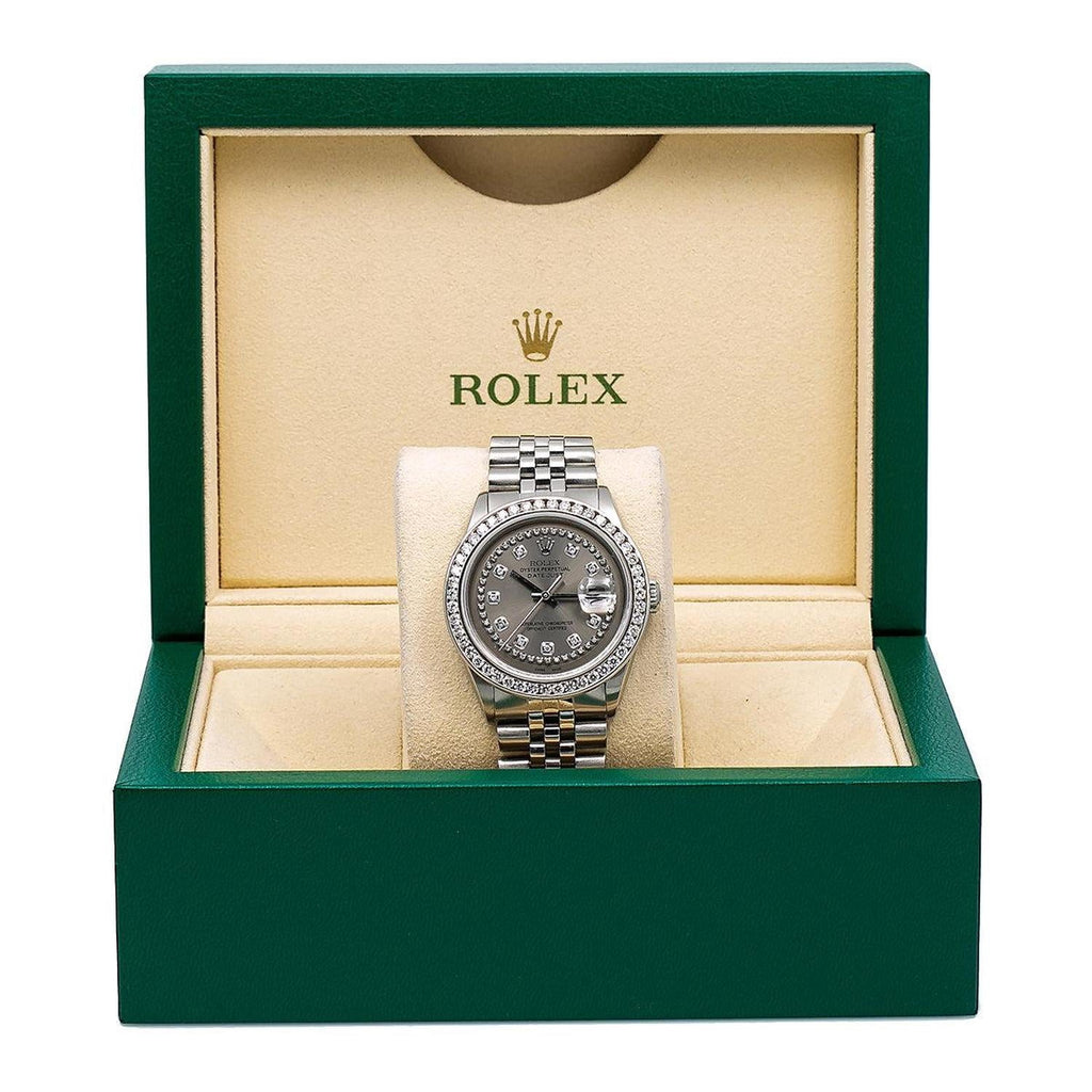 Pre-Owned Rolex Datejust 36MM 1601 Gray Diamond Dial Diamond Bezel Stainless Steel Jubilee Bracelet