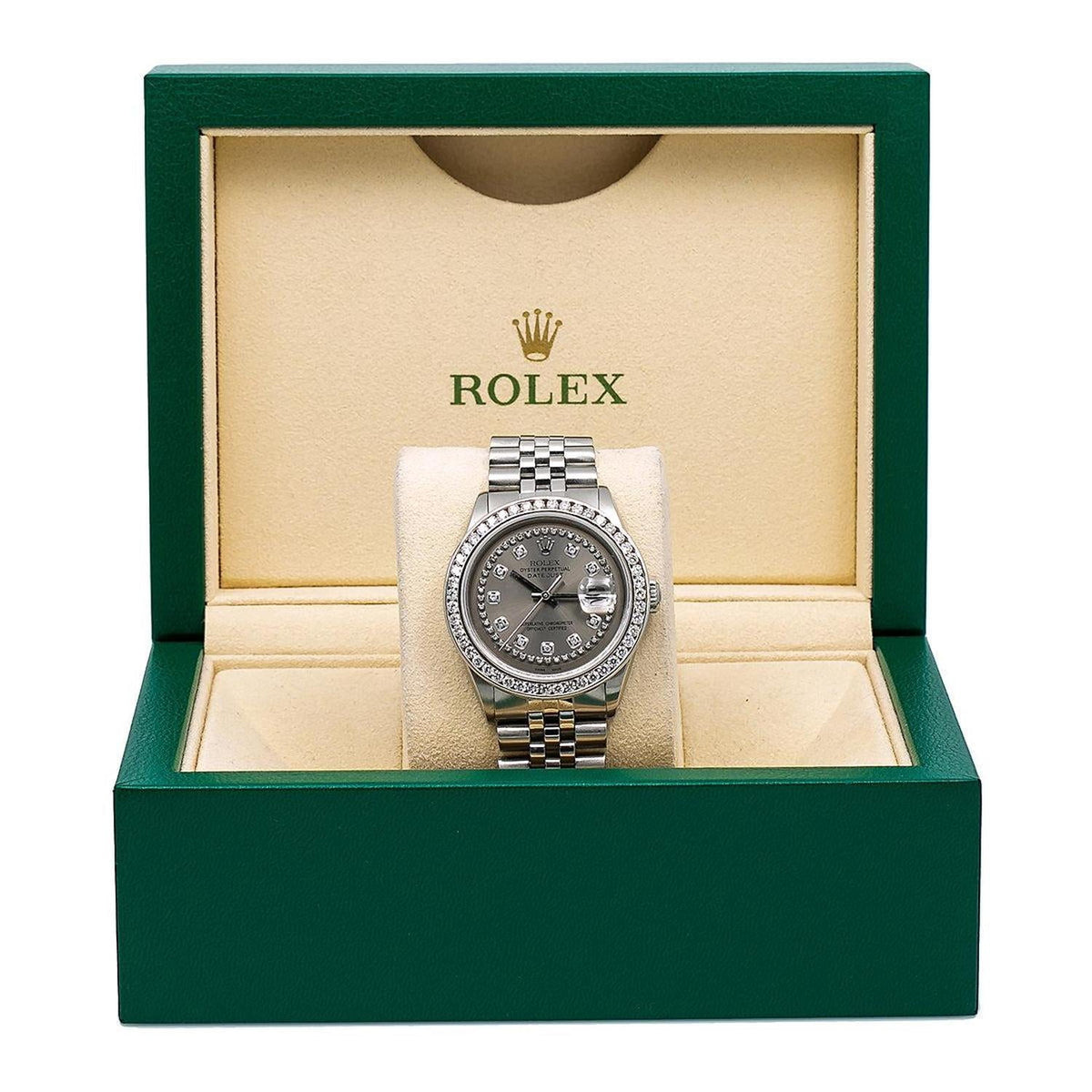 Pre-Owned Rolex Datejust 36MM 1601 Gray Diamond Dial Diamond Bezel Stainless Steel Jubilee Bracelet
