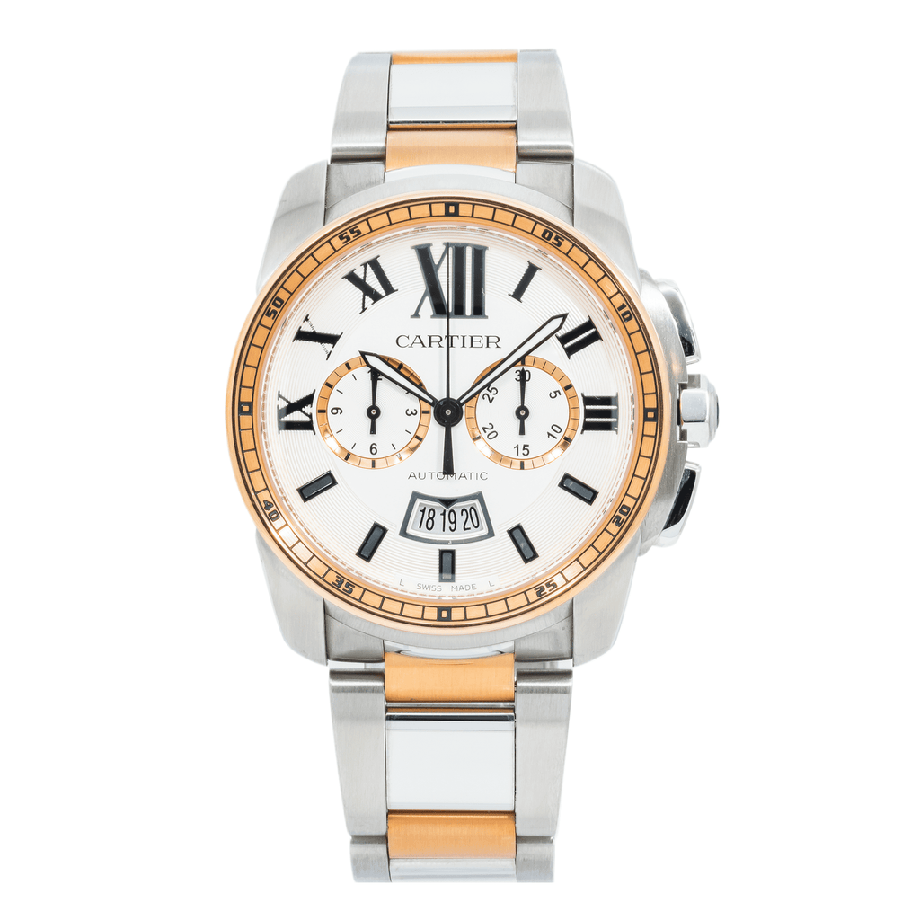 Pre-Owned Cartier Calibre 42MM W7100042 White Roman Dial Rose Gold Bezel Two Tone Rose Gold Bracelet