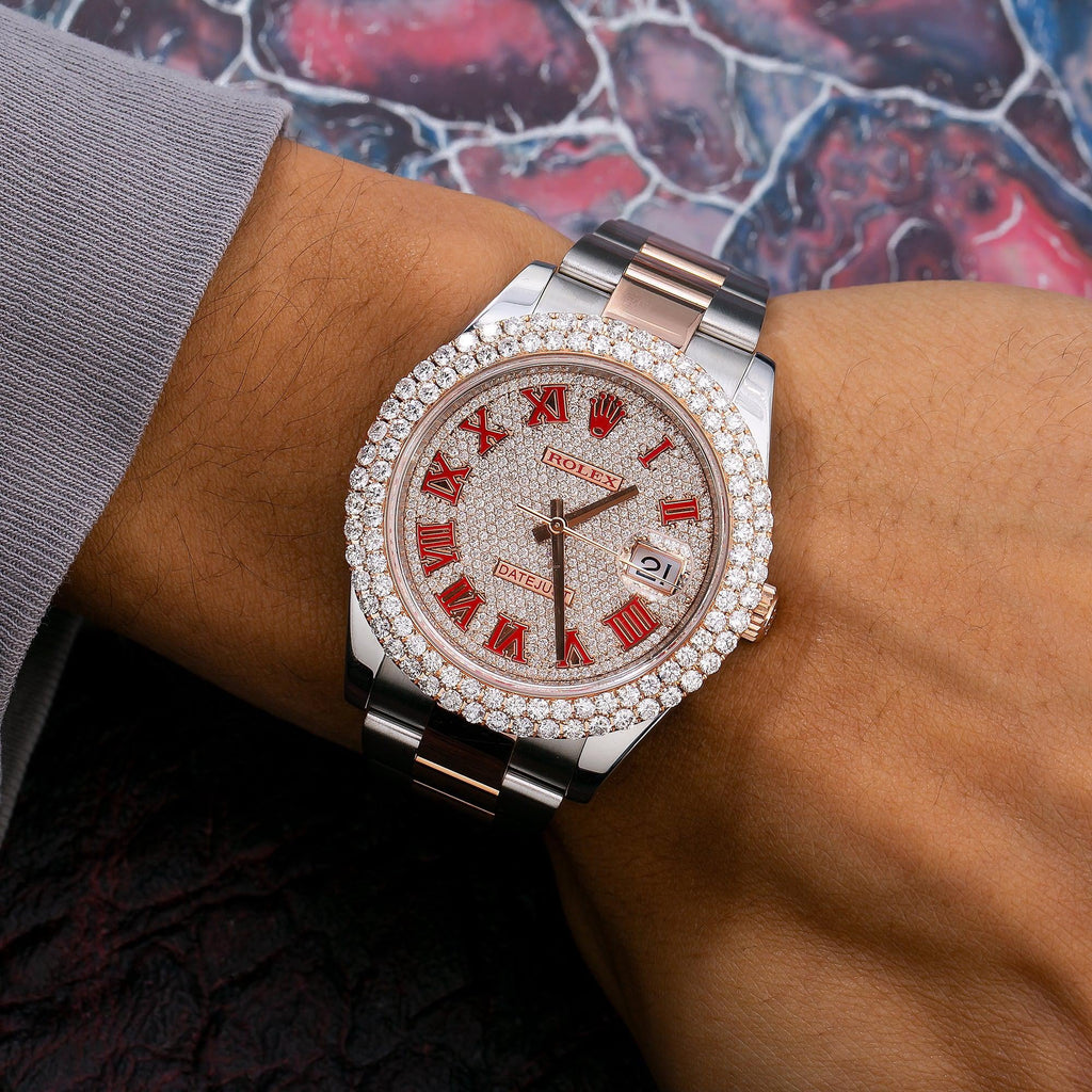 Pre-Owned Rolex Datejust 41MM 126331 Diamond Paved Red Roman Dial Diamond Bezel Two Tone Rose Gold Oyster Bracelet