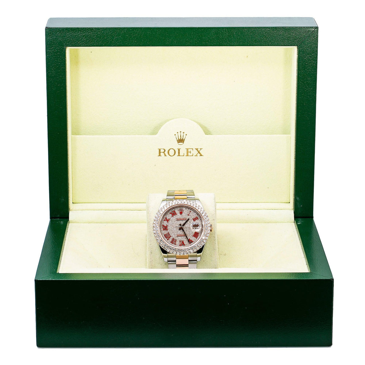 Pre-Owned Rolex Datejust 41MM 126331 Diamond Paved Red Roman Dial Diamond Bezel Two Tone Rose Gold Oyster Bracelet