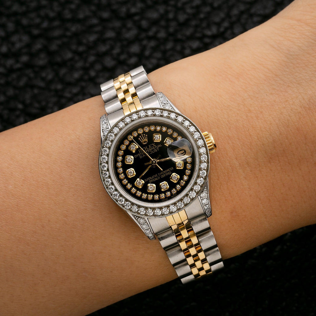 Pre-Owned Rolex Datejust 26MM 6917 Black Diamond Dial Diamond Bezel Two Tone Yellow Gold Jubilee Bracelet 1.2ct