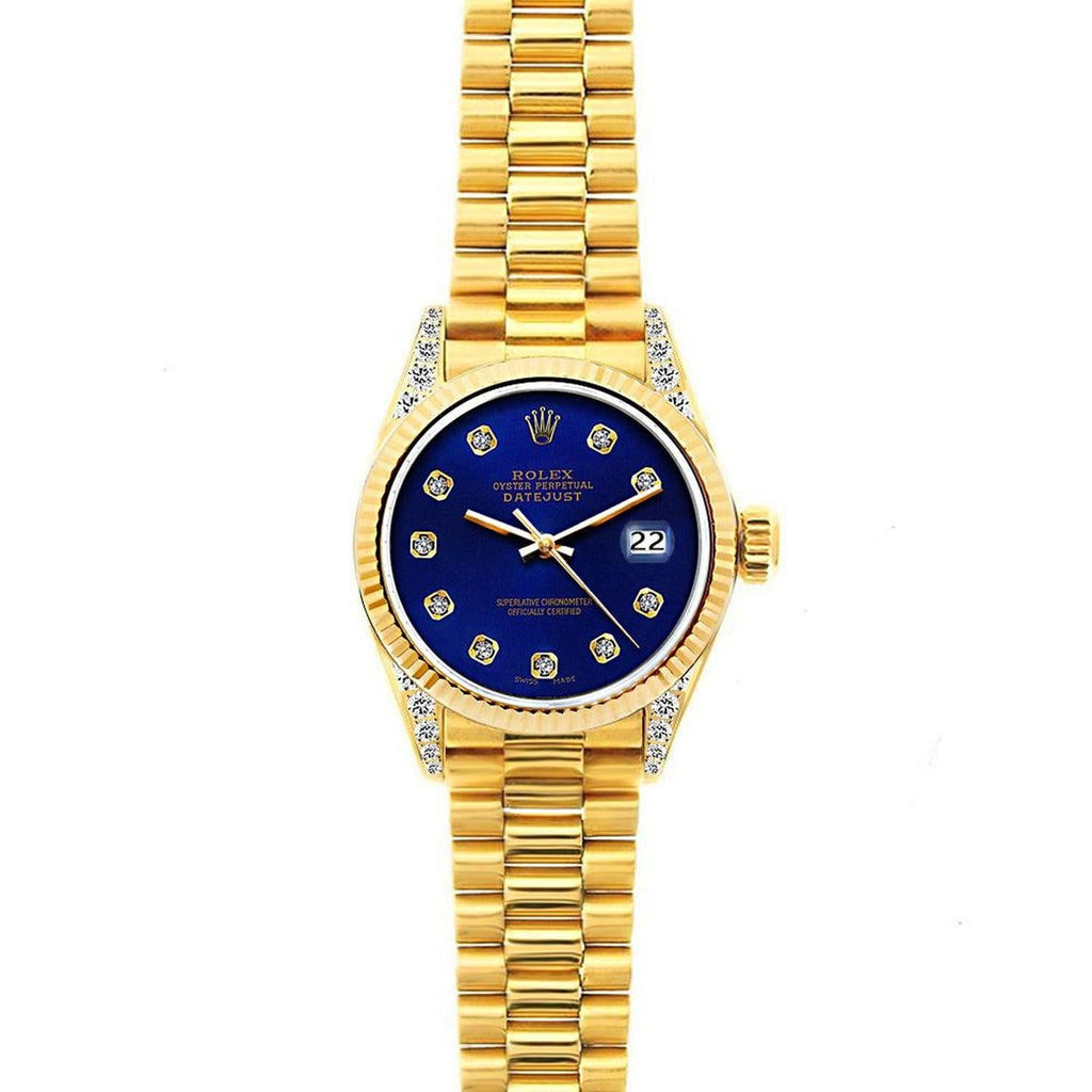 Pre-Owned Rolex Datejust 26MM 69178 Blue Diamond Dial Fluted Bezel 18K Yellow Gold President Bracelet