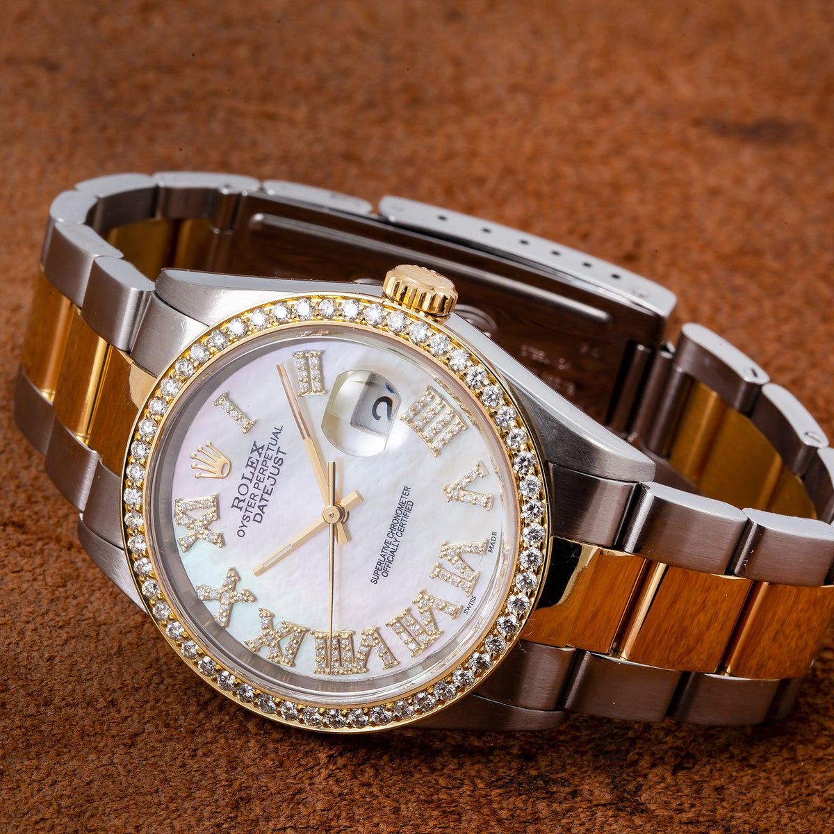Pre-Owned Rolex Datejust 36MM 16203 Mother of Pearl Roman Diamond Dial Diamond Bezel Two Tone Yellow Gold Oyster Bracelet