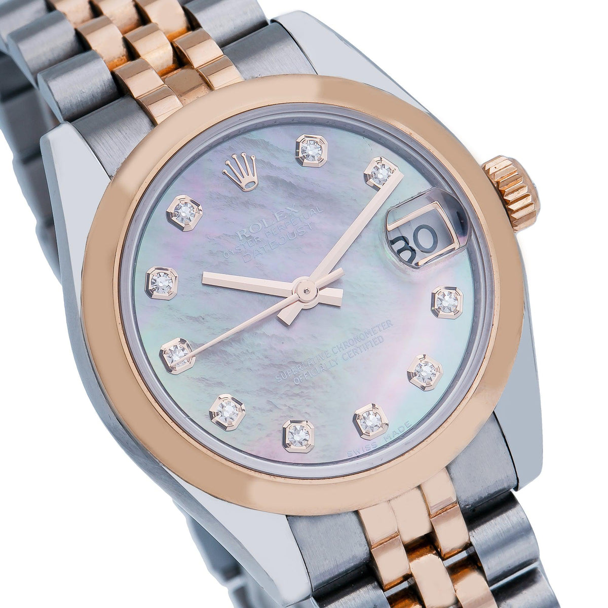 Pre-Owned Rolex Datejust 31MM 178241 Black Mother of Pearl Diamond Dial Smooth Bezel Two Tone Rose Gold Jubilee Bracelet