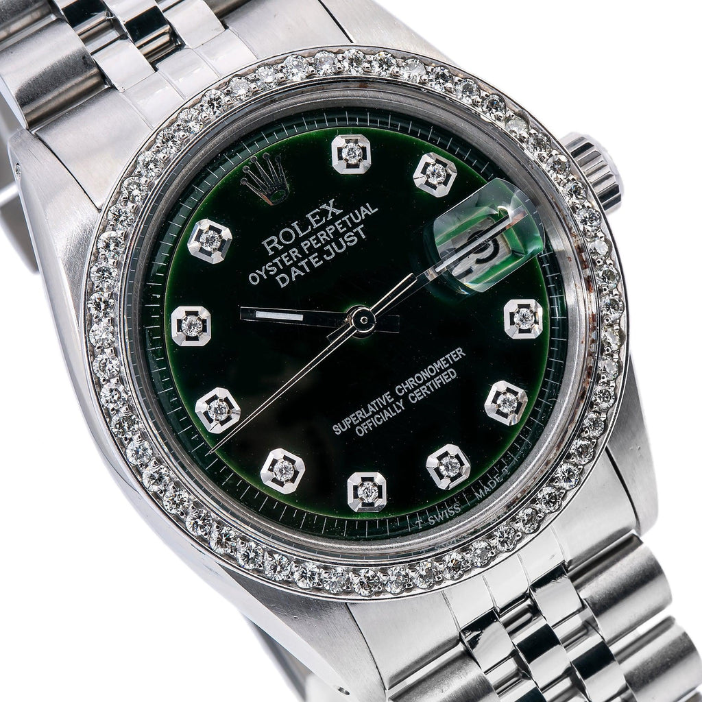 Pre-Owned Rolex Datejust 36MM 1601 Green Diamond Dial Diamond Bezel Stainless Steel Jubilee Bracelet 1.2ct