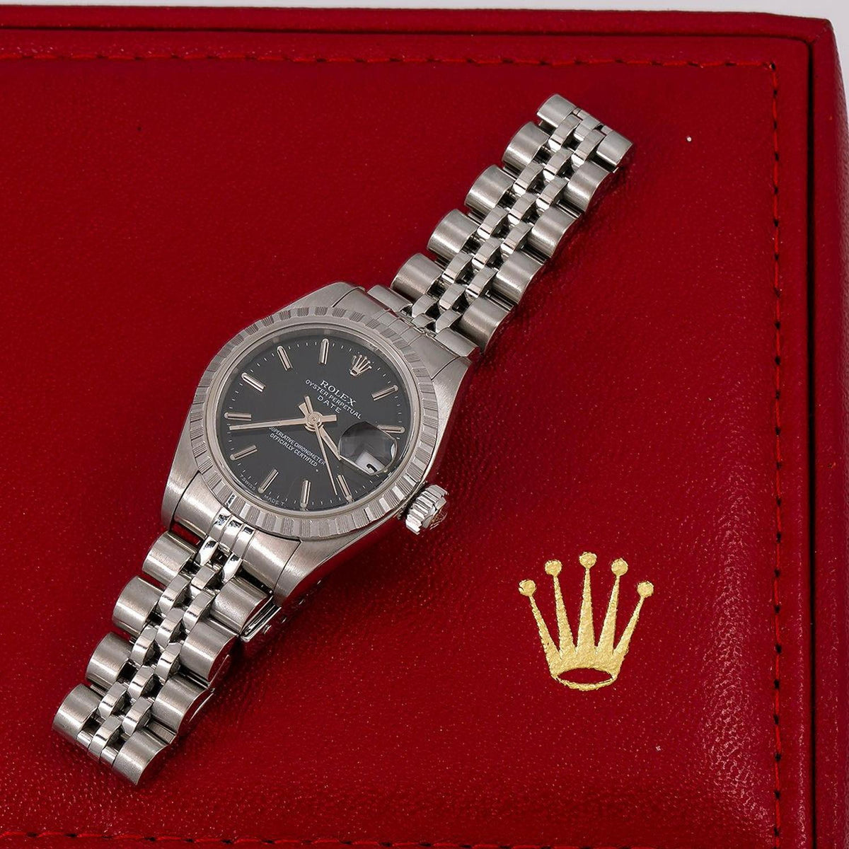 Pre-Owned Rolex Date 26MM 6924 Black Dial Engine Turned Bezel Stainless Steel Jubilee Bracelet