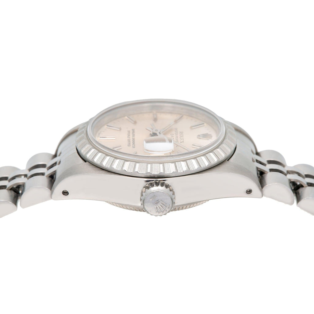 Pre-Owned Rolex Date 26MM 6924 Silver Dial Engine Turned Bezel Stainless Steel Jubilee Bracelet