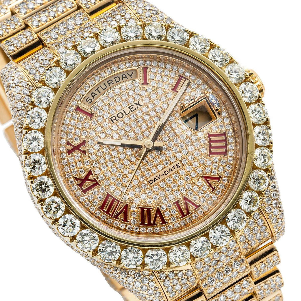 Pre-Owned Rolex Day-Date II 41MM 218238 Diamond Paved Red Roman Dial Diamond Bezel 18K Yellow Gold Full Diamond President Bracelet 21.75ct