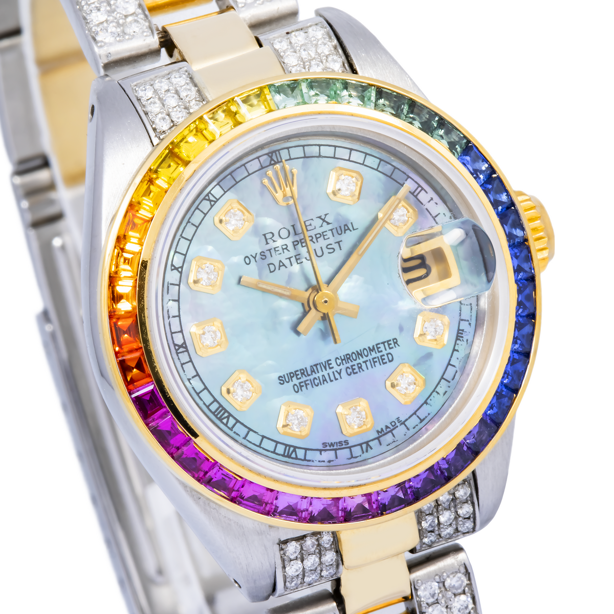 Pre-Owned Rolex Datejust 26MM 6917 Blue Mother of Pearl Diamond Dial Rainbow Gemstone Bezel Two Tone Yellow Gold Semi Diamond Oyster Bracelet