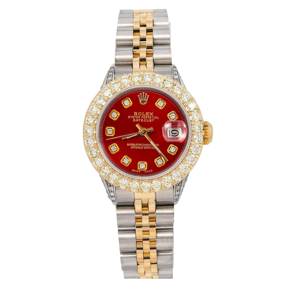 Pre-Owned Rolex Datejust 26MM 69173 Red Diamond Dial Diamond Bezel Two Tone Yellow Gold Jubilee Bracelet 2.25ct
