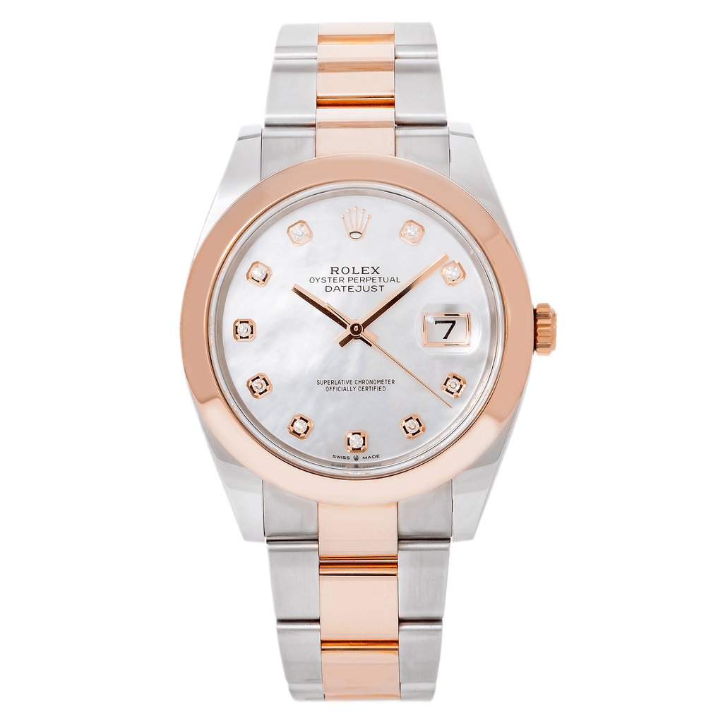 Pre-Owned Rolex Datejust 41MM 126301 White Mother of Pearl Diamond Dial Smooth Bezel Two Tone Rose Gold Oyster Bracelet