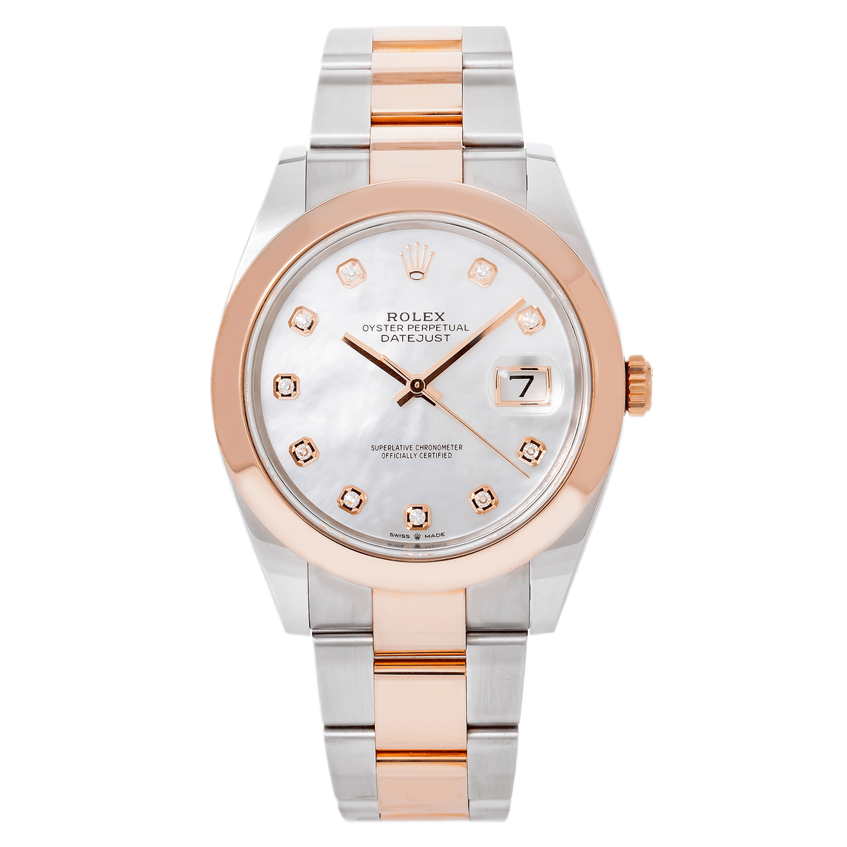 Pre-Owned Rolex Datejust 41MM 126301 White Mother of Pearl Diamond Dial Smooth Bezel Two Tone Rose Gold Oyster Bracelet