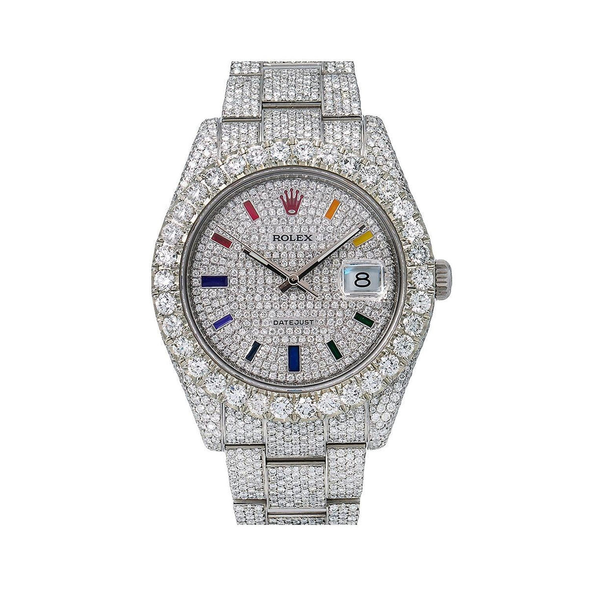 Pre-Owned Rolex Datejust 41MM 116300 Diamond Paved Rainbow Hour Dial Diamond Bezel Stainless Steel Full Diamond Oyster Bracelet 22.75ct