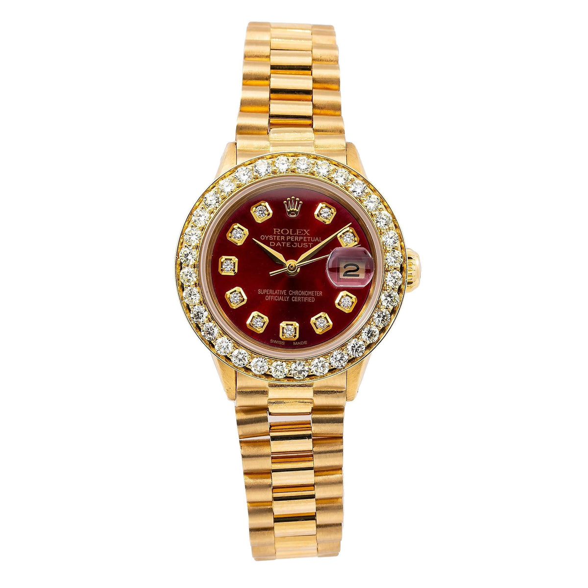 Pre-Owned Rolex Datejust 26MM 69178 Red Diamond Dial Diamond Bezel 18K Yellow Gold President Bracelet 0.95ct