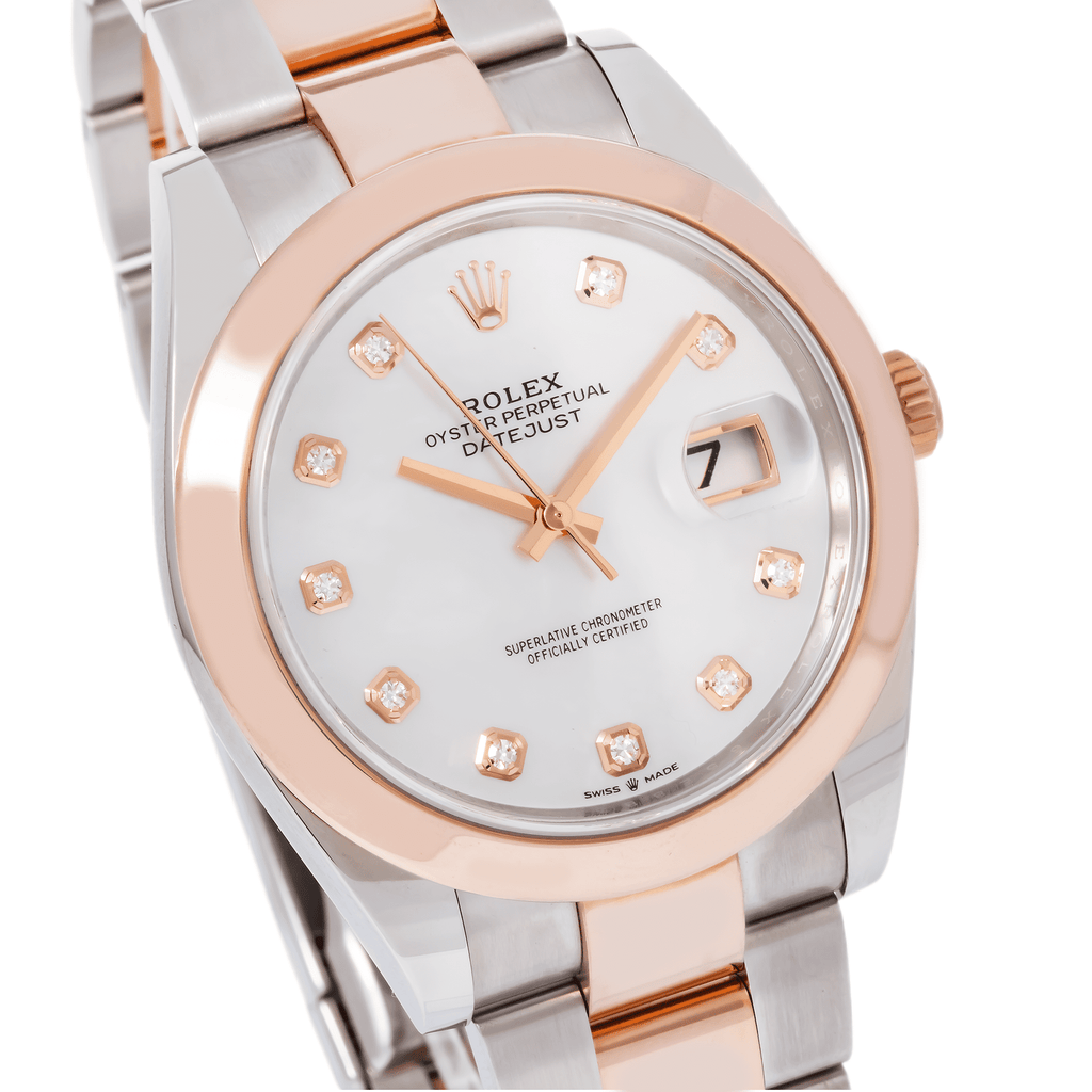 Pre-Owned Rolex Datejust 41MM 126301 White Mother of Pearl Diamond Dial Smooth Bezel Two Tone Rose Gold Oyster Bracelet