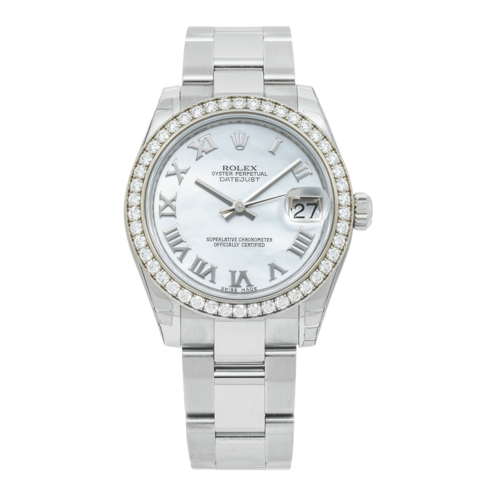 Pre-Owned Rolex Datejust 31MM 178240 White Mother of Pearl Roman Dial Diamond Bezel Stainless Steel Oyster Bracelet