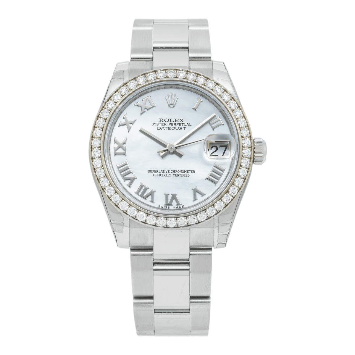 Pre-Owned Rolex Datejust 31MM 178240 White Mother of Pearl Roman Dial Diamond Bezel Stainless Steel Oyster Bracelet