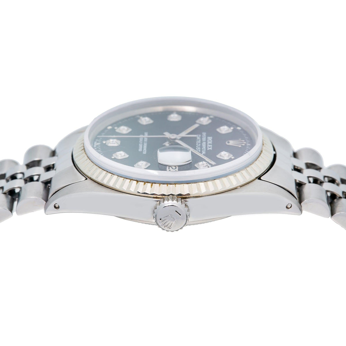 Pre-Owned Rolex Datejust 36MM 1601 Black Diamond Dial Fluted Bezel Stainless Steel Jubilee Bracelet