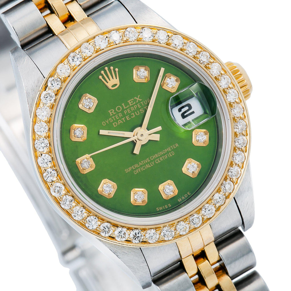 Pre-Owned Rolex Datejust 26MM 69173 Green Diamond Dial Diamond Bezel Two Tone Yellow Gold Jubilee Bracelet