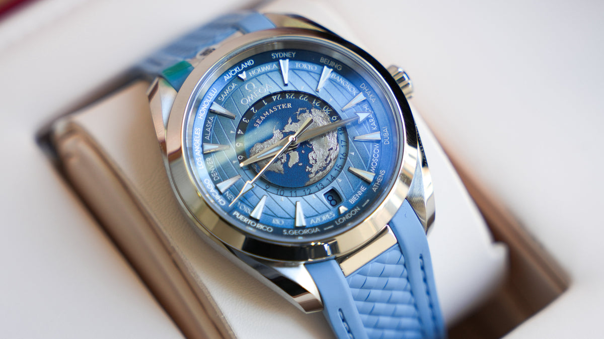 Pre-Owned Omega Seamaster Aqua Terra 150M Coâ€‘Axial Master Chronometer GMT Worldtimer 43mm â€“ Summer Blue