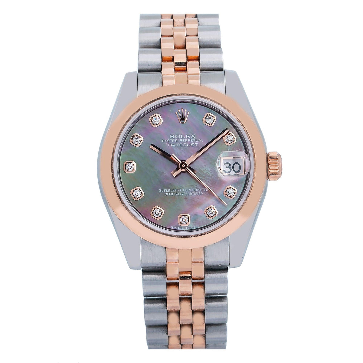 Pre-Owned Rolex Datejust 31MM 178241 Black Mother of Pearl Diamond Dial Smooth Bezel Two Tone Rose Gold Jubilee Bracelet