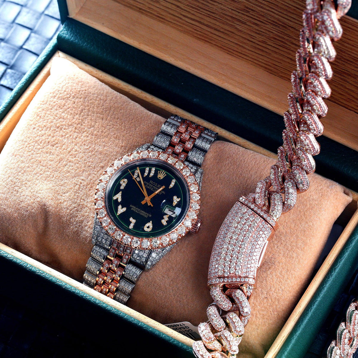 Pre-Owned Rolex Datejust 36MM 1601 Green Eastern Arabic Diamond Dial Diamond Bezel Two Tone Rose Gold Full Diamond Jubilee Bracelet