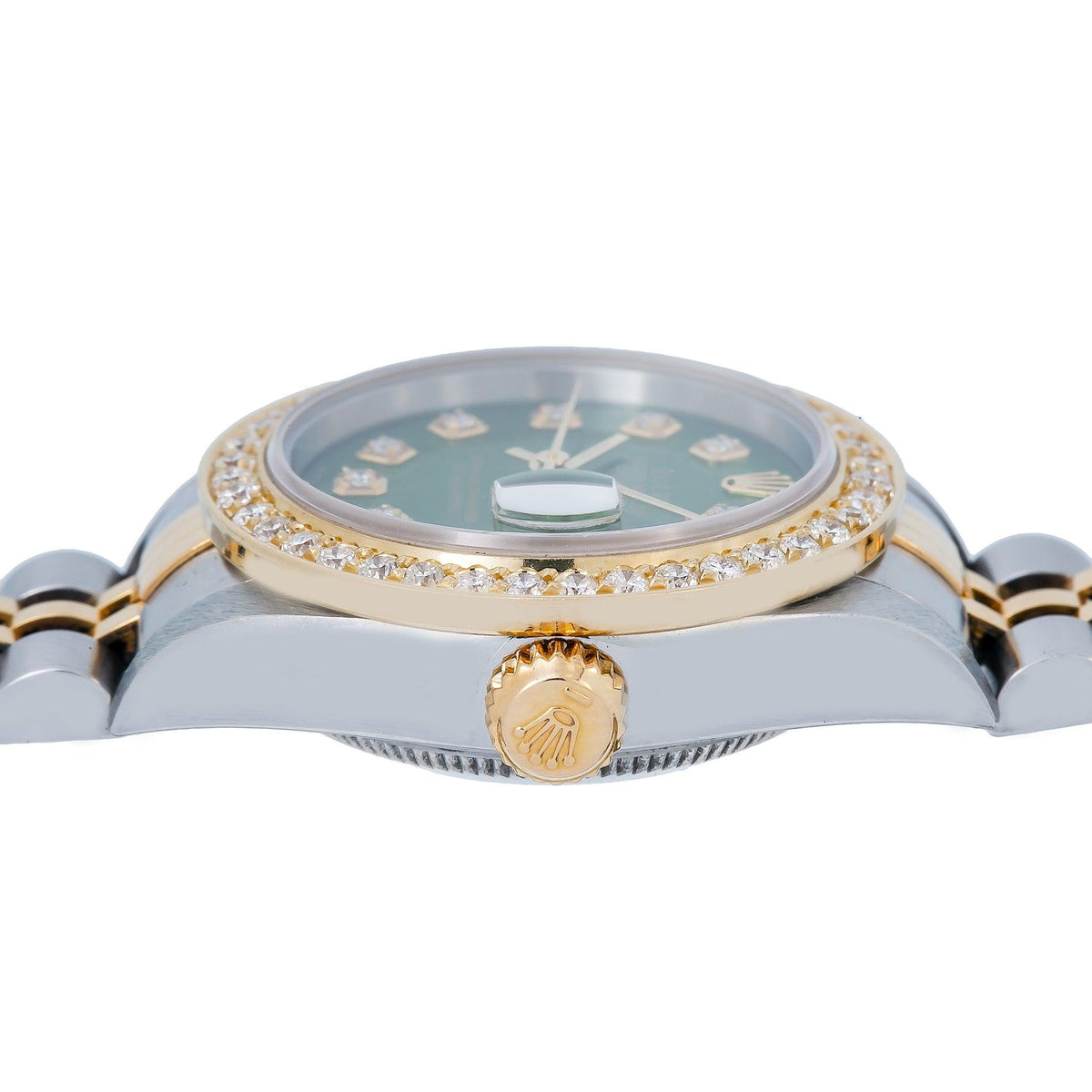 Pre-Owned Rolex Datejust 26MM 69173 Green Diamond Dial Diamond Bezel Two Tone Yellow Gold Jubilee Bracelet