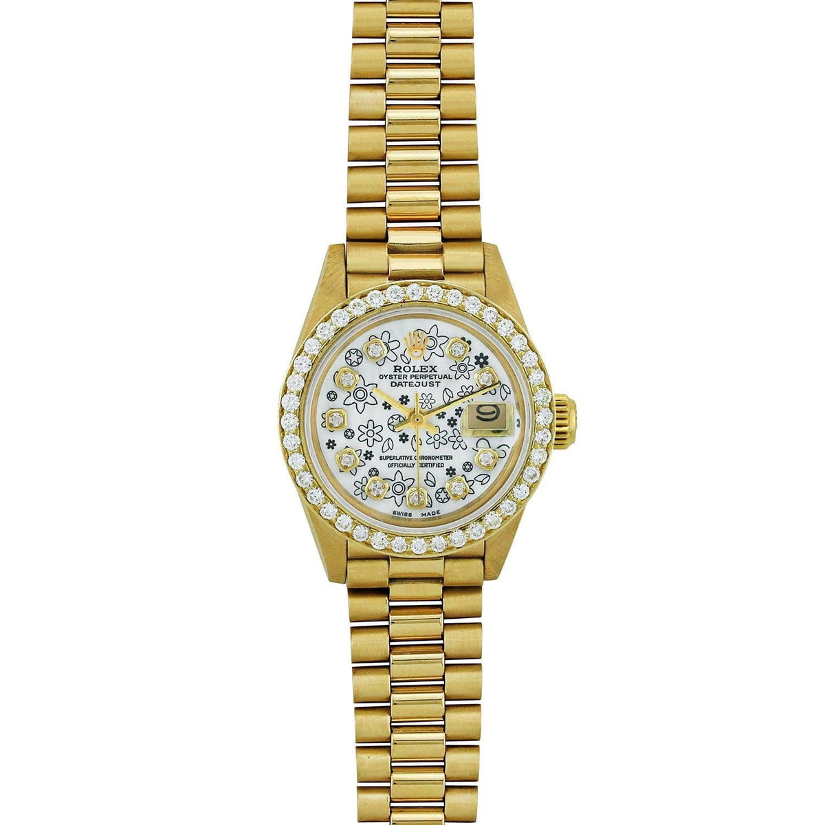 Pre-Owned Rolex Datejust 26MM 6917 Silver Floral Diamond Dial Diamond Bezel 18K Yellow Gold President Bracelet 1ct