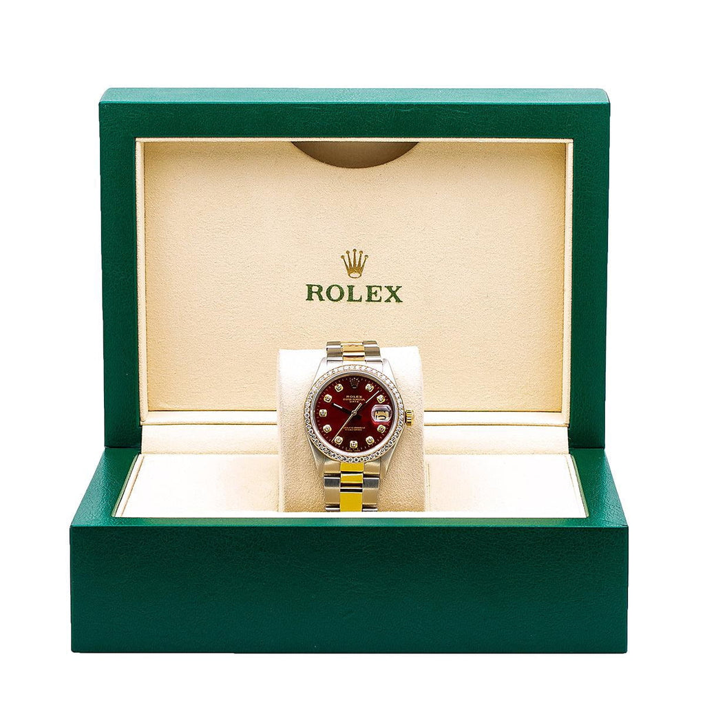 Pre-Owned Rolex Oyster Perpetual Diamond Watch, Date 1505 34mm, Red Diamond Dial With 1.20 CT Diamonds