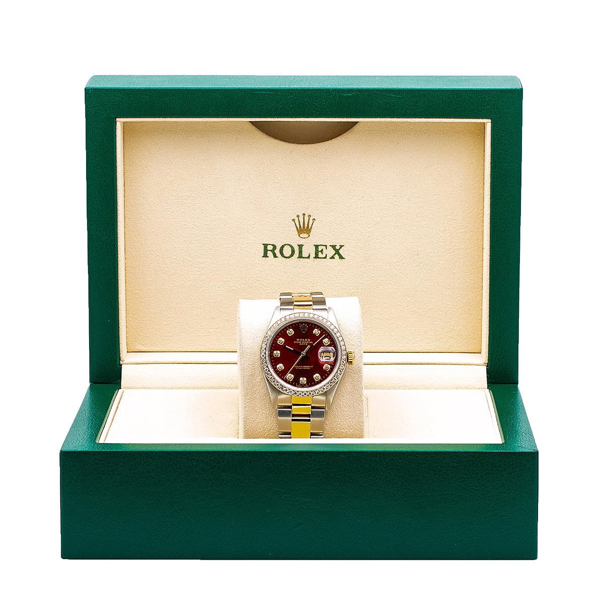 Pre-Owned Rolex Oyster Perpetual Diamond Watch, Date 1505 34mm, Red Diamond Dial With 1.20 CT Diamonds