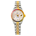 Pre-Owned Rolex Datejust 26MM 69173 Pink Mother of Pearl Diamond Dial Rainbow Gemstone Bezel Two Tone Yellow Gold Jubilee Bracelet 0.2ct