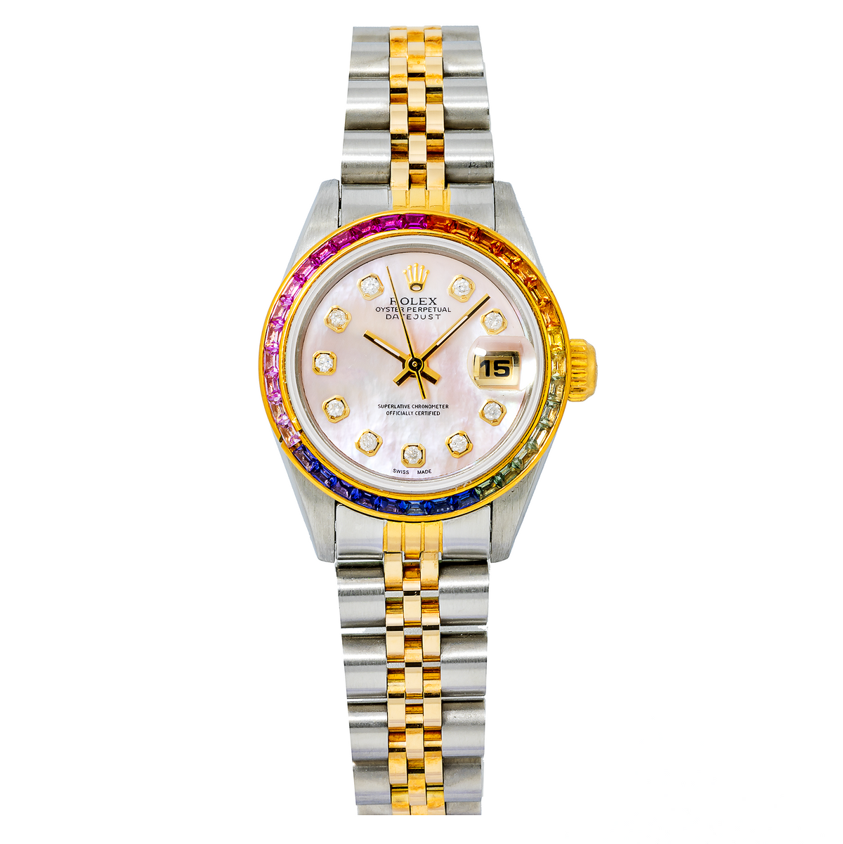 Pre-Owned Rolex Datejust 26MM 69173 Pink Mother of Pearl Diamond Dial Rainbow Gemstone Bezel Two Tone Yellow Gold Jubilee Bracelet 0.2ct