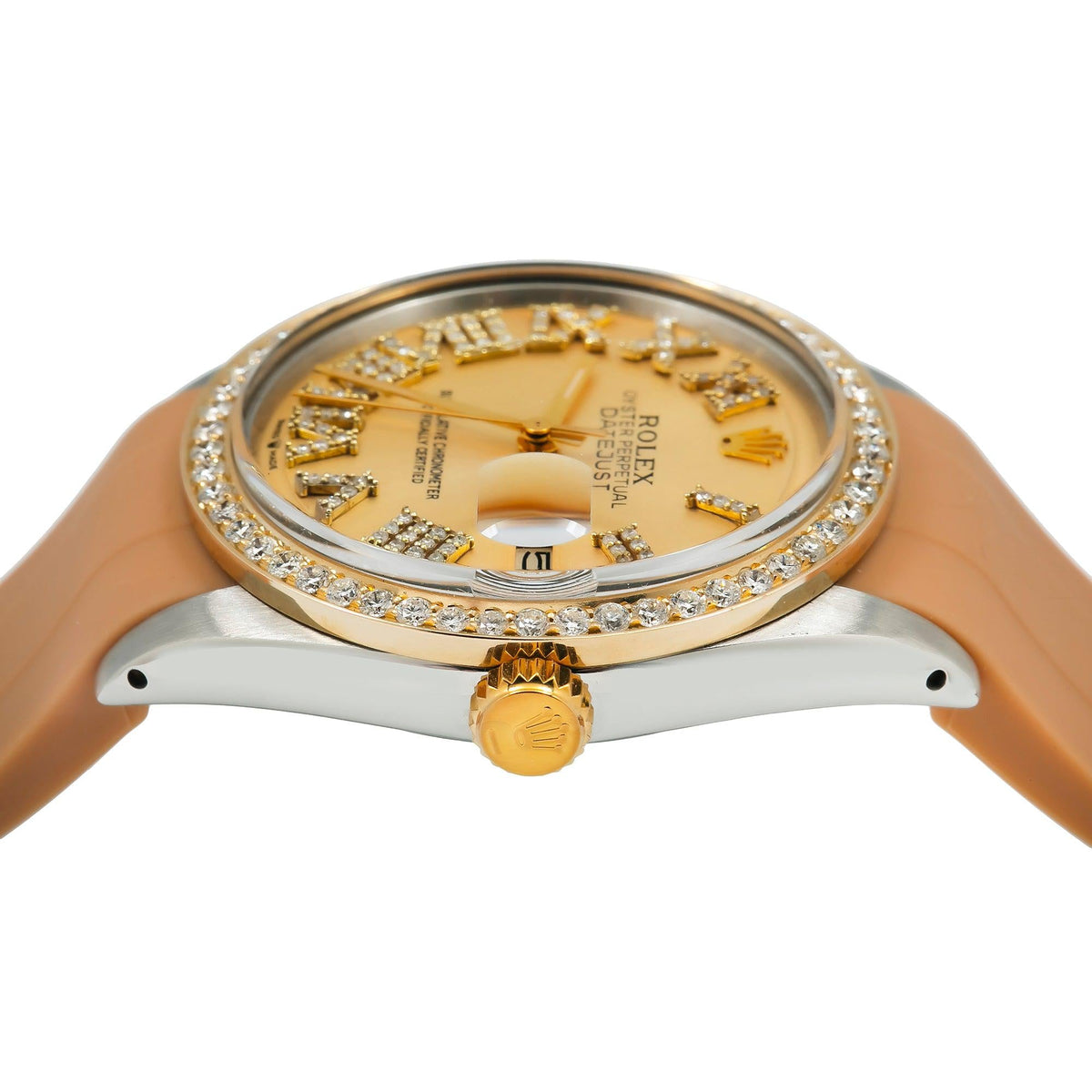 Pre-Owned Rolex Datejust 36MM 1601 Champagne Roman Diamond Dial Diamond Bezel Brown Rubber Strap