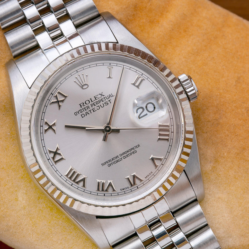 Pre-Owned Rolex Datejust 36MM 16234 Silver Roman Dial Fluted Bezel Stainless Steel Jubilee Bracelet