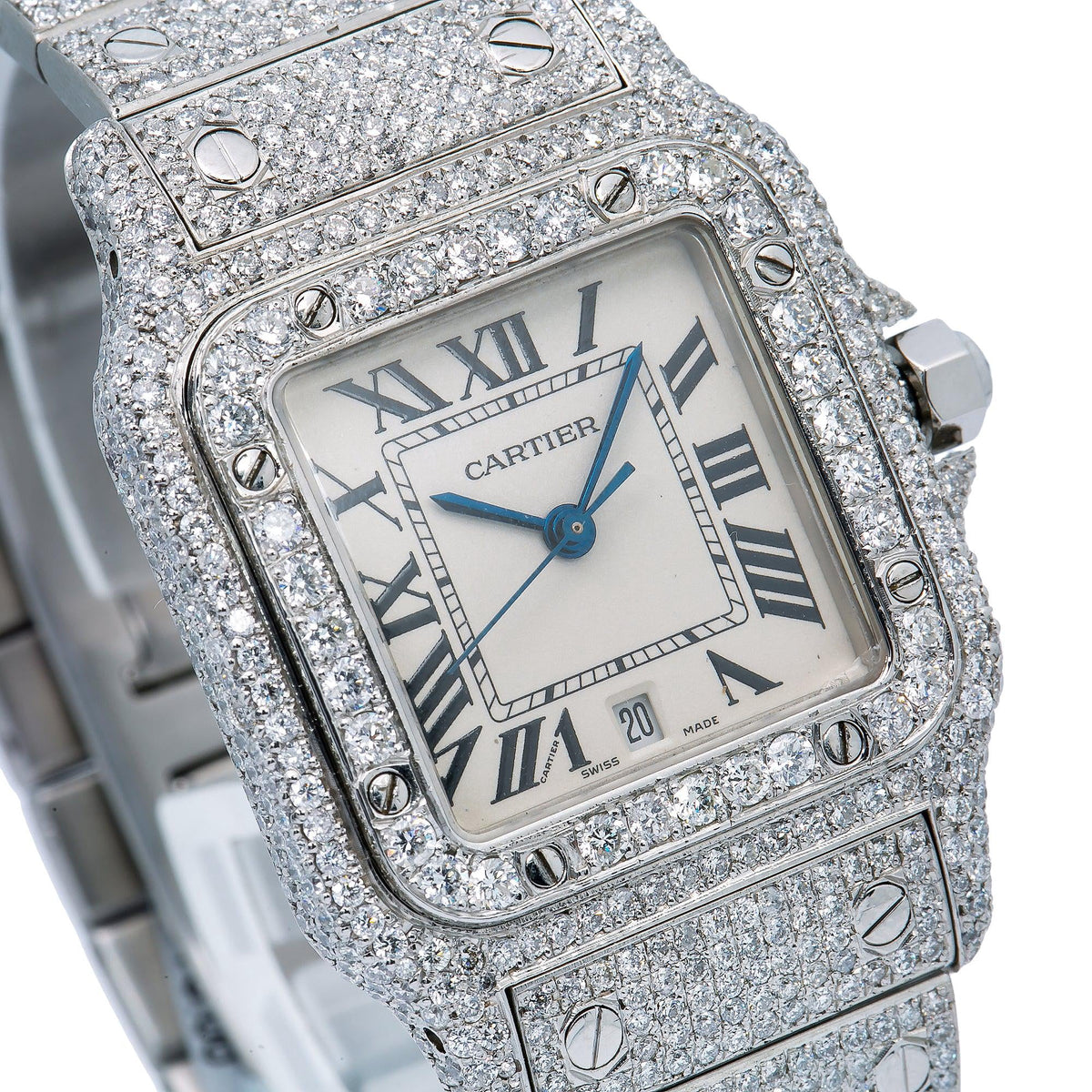 Pre-Owned Cartier Santos Galbée 29MM 1564 Silver Roman Dial Diamond Bezel Stainless Steel Full Diamond Bracelet
