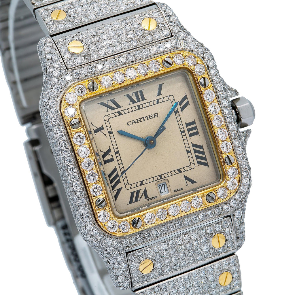 Pre-Owned Cartier Santos Galbée 29MM 1566 Champagne Roman Dial Yellow Gold Diamond Bezel Two Tone Yellow Gold Full Diamond Bracelet