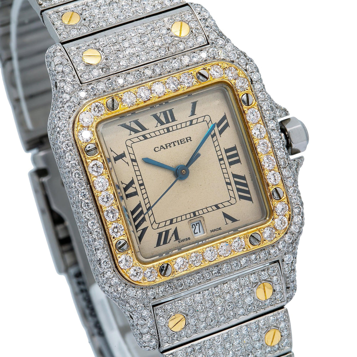 Pre-Owned Cartier Santos Galbée 29MM 1566 Champagne Roman Dial Yellow Gold Diamond Bezel Two Tone Yellow Gold Full Diamond Bracelet