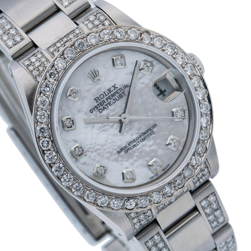 Pre-Owned Rolex Datejust 31MM 78240 White Mother of Pearl Diamond Dial Diamond Bezel Stainless Steel Semi Diamond Oyster Bracelet 4.75ct
