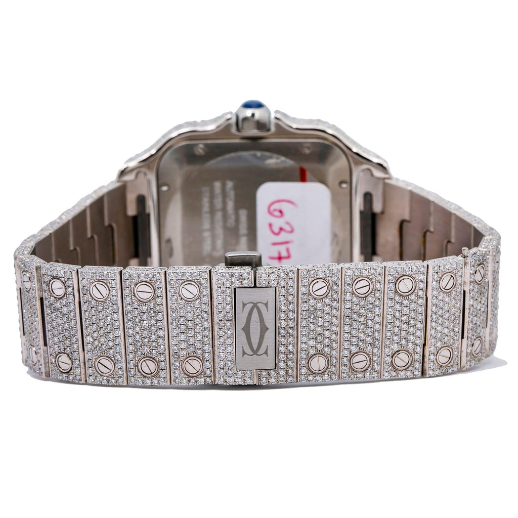 Pre-Owned Cartier Santos 39.8MM WSSA0009 Silver Roman Dial Rose Gold Diamond Bezel Stainless Steel Full Diamond Bracelet 17.96ct