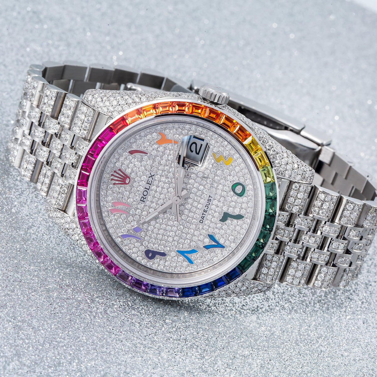 Pre-Owned Rolex Datejust 41MM 126300 Diamond Paved Rainbow Eastern Arabic Dial Rainbow Gemstone Bezel Stainless Steel Full Diamond Jubilee Bracelet 14.75ct