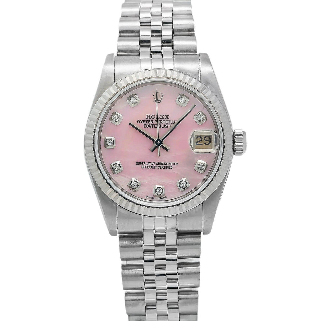 Pre-Owned Rolex Datejust 31MM 68274 Pink Mother of Pearl Diamond Dial Fluted Bezel Stainless Steel Jubilee Bracelet
