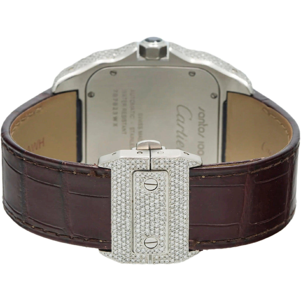 Pre-Owned Cartier Santos 100 38MM W20073X8 Champagne Roman Dial Diamond Bezel Brown Leather Strap 11.35ct