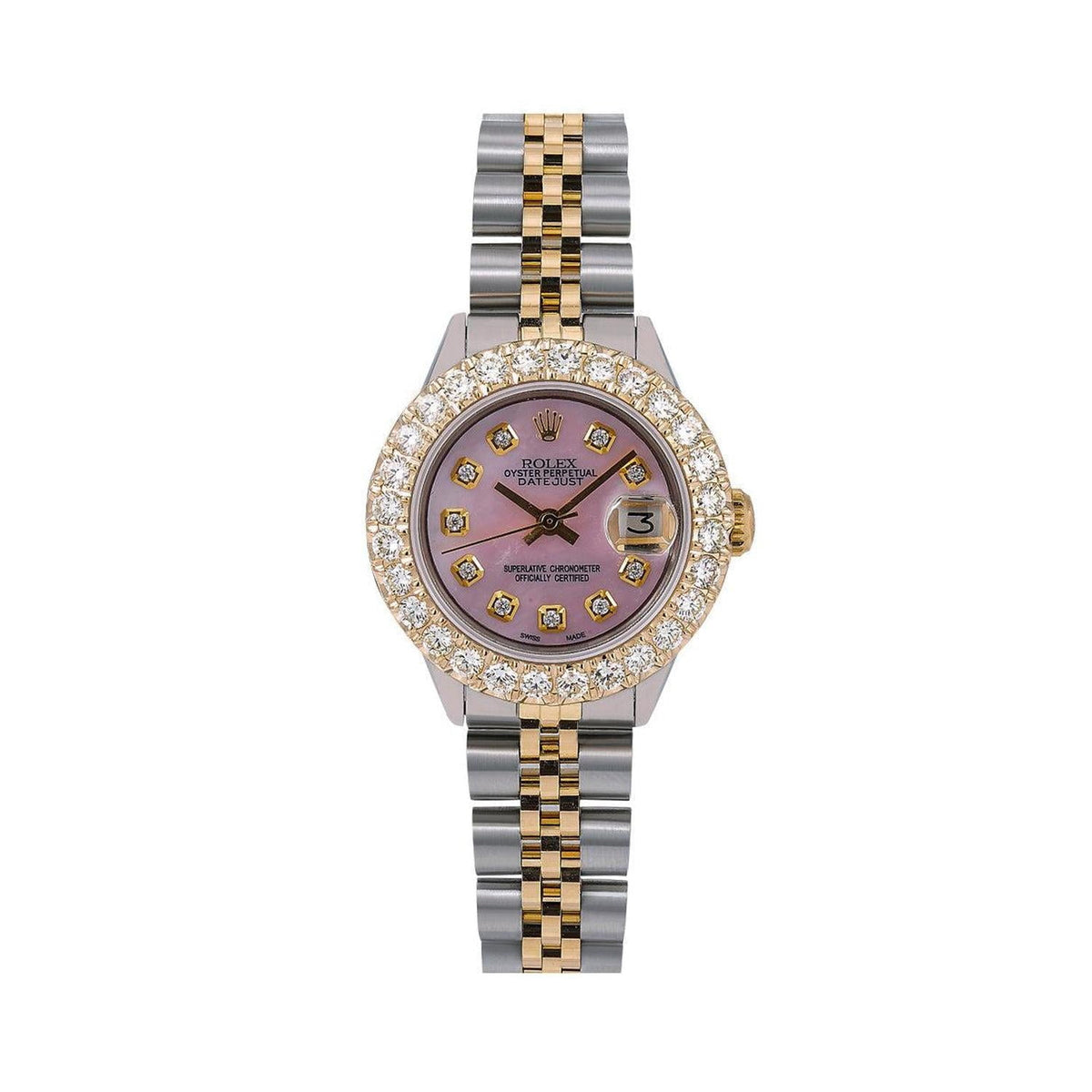 Pre-Owned Rolex Datejust 26MM 6917 Pink Mother of Pearl Diamond Dial Diamond Bezel Two Tone Yellow Gold Jubilee Bracelet