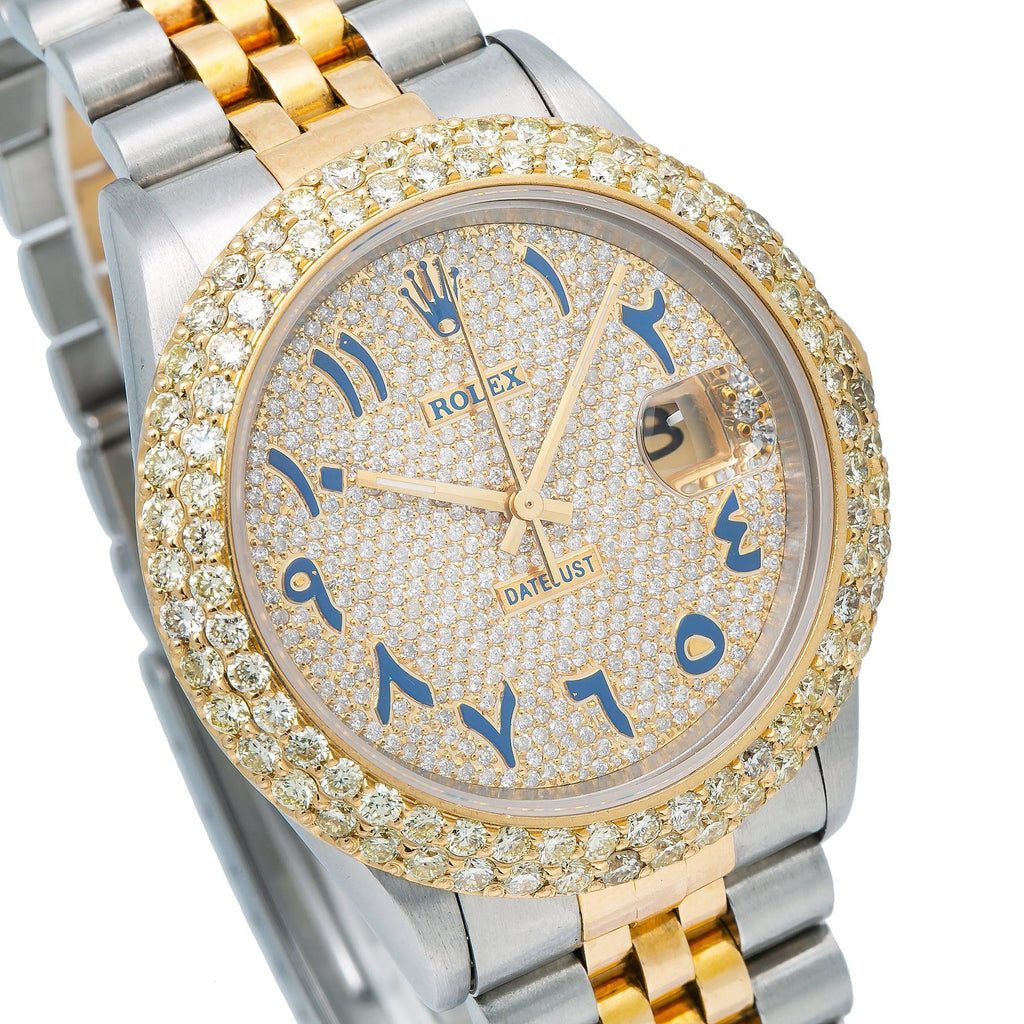 Pre-Owned Rolex Datejust 36MM 16233 Diamond Paved Blue Eastern Arabic Dial Diamond Bezel Two Tone Yellow Gold Jubilee Bracelet 4.75ct