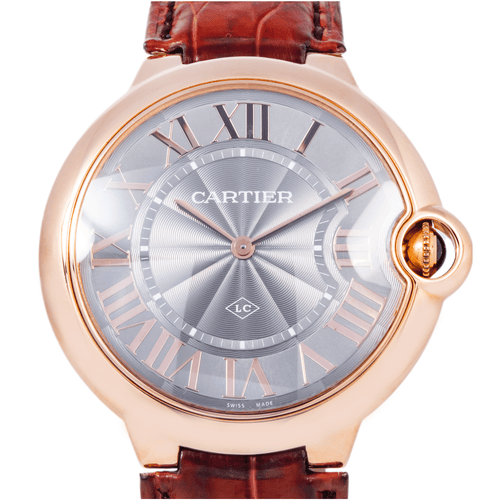 Pre-Owned CARTIER BALLON BLEU DE CARTIER W6920089 40MM GRAY GUILLOCHE DIAL WITH BROWN ALIGATOR LEATHER BRACELET
